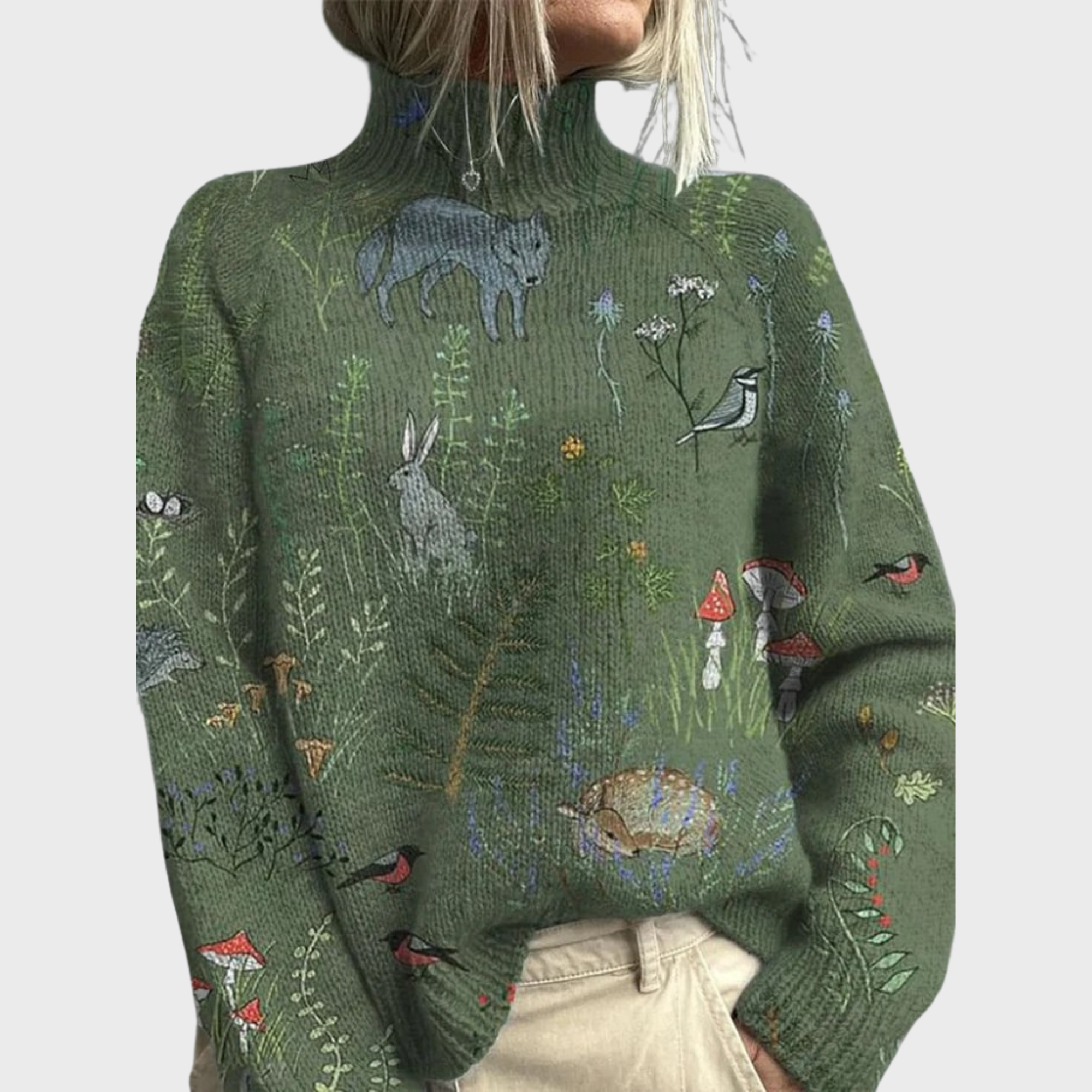 Hana | Knitted Sweater with Forest and Animal Print & Turtleneck